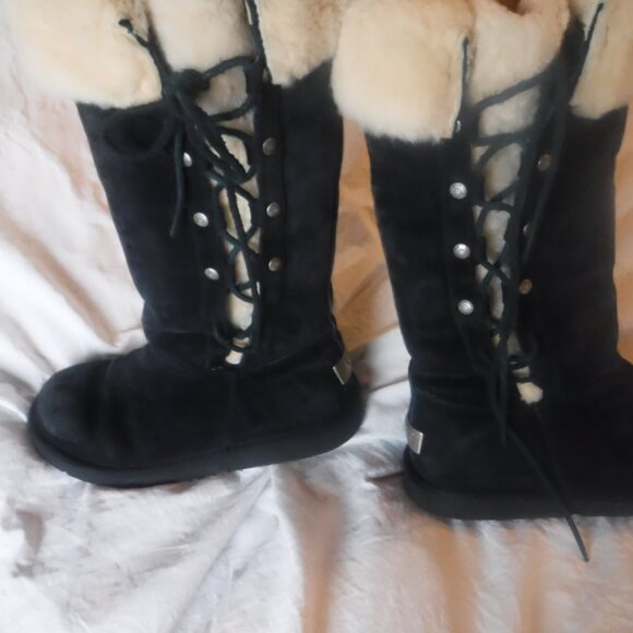 Women Black Leather Ugg Boots Interior Sheep skin Fur Lace Up womens Size 7 - Picture 11 of 14